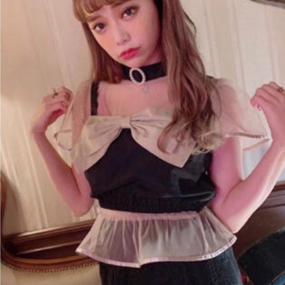 Japanese Swankiss Choker Crystal Ruffle Ribbon Bow Crop Tank Top Blouse - Picture 2 of 11